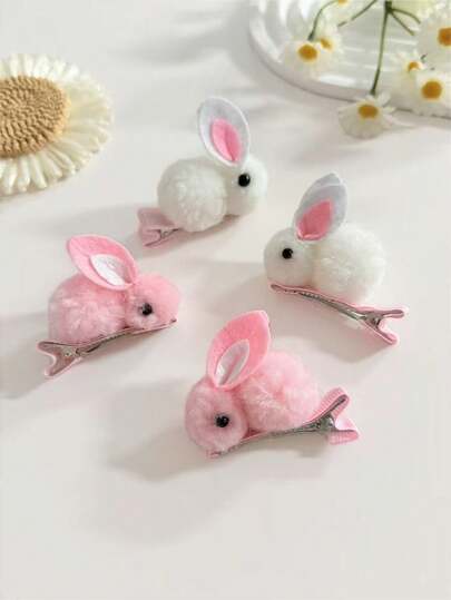 4件套复活节可爱动物元素毛绒仿真兔子和鸭子发夹，白色和粉色可选，适合刘海、侧边、日常佩戴