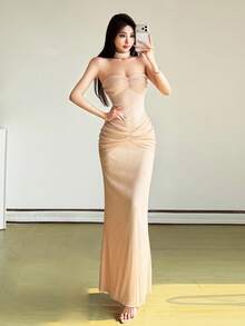 YeonC纯色优雅派对修身露背鱼尾下摆晚宴约会连衣裙 - 卡其色 - 查看 6