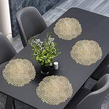Round Gold Placemats Sets Of 6 PVC Table Mats Set Gold Washable Heat Resistant Vinyl Table Mats 38x38cm For Kitchen - Flower - View 6