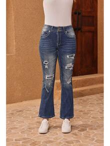 Women's Tight Flared Jeans With Elastic Tear And Tear, Double Button Casual Tight And Sexy Flared Jeans - Rửa tối - Xem 7