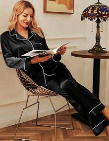 Valentine's Day Limited High-End Fashion Satin Silk Women's Pajama Set Long Sleeve Button-Down Sleepwear XS-3XL Comfortable Warm Loungewear - Black - View 2
