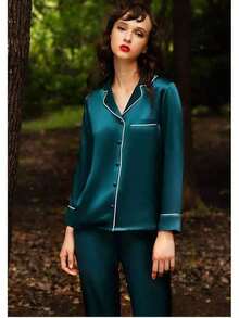 Valentine's Day Limited High-End Fashion Satin Silk Women's Pajama Set Long Sleeve Button-Down Sleepwear XS-3XL Comfortable Warm Loungewear - Màu xanh lam - Xem 3