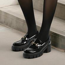 Women Chunky Loafers Round Toe Casual Horse-Bit Mid-Heel Slip-On Loafers, Vintage Elegant British Style, Comfortable Platform Chunky Versatile Pumps Shoes - 黑色 - 查看 7