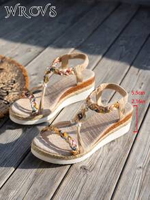 WRCVS 米色女士凉鞋，编织带凉鞋，夏季厚底厚底凉鞋，手工串珠编织，随机图案，轻便度假凉鞋，波西米亚风增高户外凉鞋 - 米色 - 查看 7