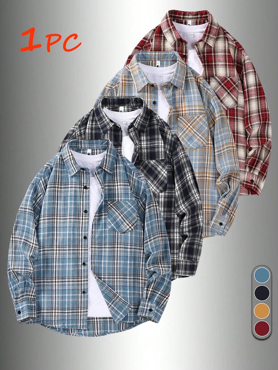 【早春/夏新品】水洗浅蓝色格子休闲衬衫 | 宽松落肩设计 + 实用口袋，男士户外叠穿衬衫 - 霧霾藍 - 查看 1