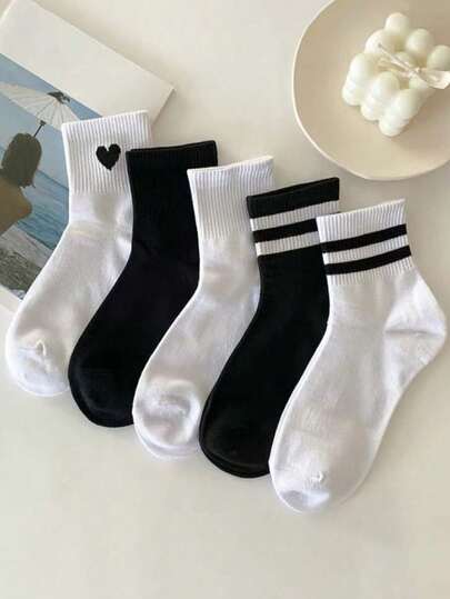 Set de 3 o 5 pares de calcetines casuales de media caña para mujer con rayas clásicas y patrón de corazón, simples y de moda, transpirables, adecuados para uso diario, deportes al aire libre, escuela, eventos de negocios, todo el año