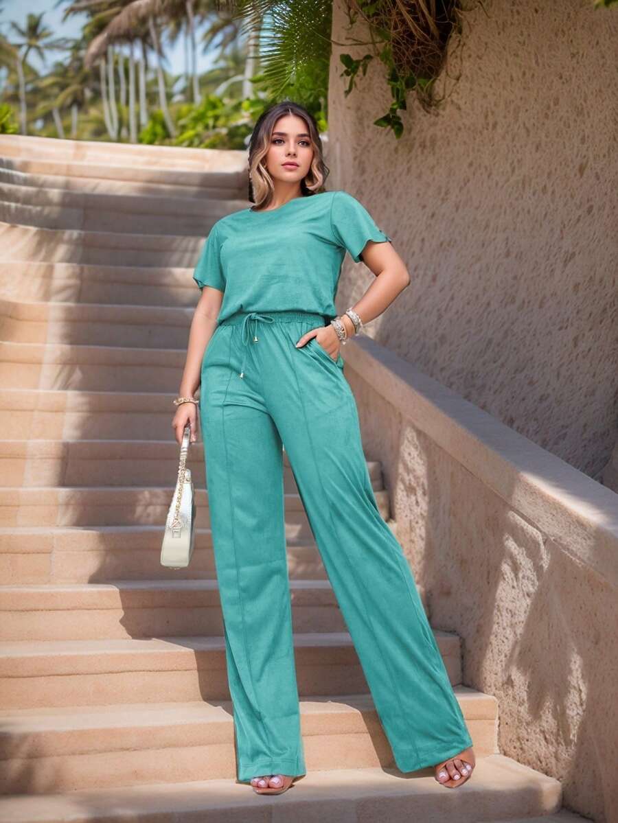 Suede Set: Wide-Leg Pants And Basic T-Shirt Blouse, Sizes M To EXG Plus Size - Water Green - View 1