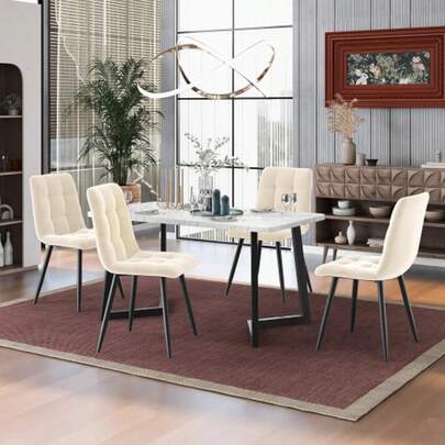 Set Of 4 Beige Dining Chairs, Upholstered And Featuring A Backrest, A Velvet Seat And A Metal Frame.
