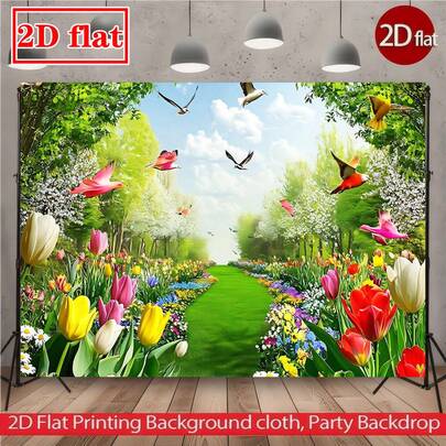 2D Flat Garden Pathway Backdrop, 1pc, Colorful Floral Printing Background Cloth, Vibrant Party Decoration, Indoor/Outdoor Event Decor, Large Fabric Banner, Perfect For Birthdays, Weddings, Celebrations, Wall Decor, Home Decor