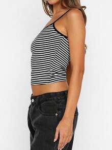 Vaiaye 女士时尚内衣风上衣，春夏条纹印花圆领修身休闲度假性感吊带背心，适合情人节穿着。 - 黑白條紋 - 查看 7