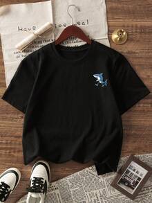 1pc Young Boy Casual Round Neck Short Sleeve T-Shirt With Mythical Creature Print, Summer Student Wear - The T-Shirt With "Shan Hai Jing" Character Print Brings Joy And Happiness To Every Child! TRALALERO TRALALA - Black - View 4