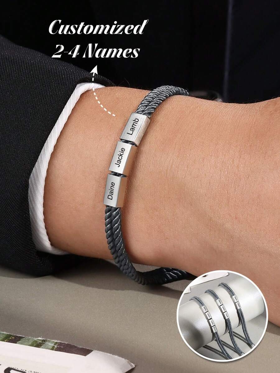 1pc Personalized Stainless Steel Bracelet, Can Be Customized With 1-4 Names, Unique & Fashionable, Laser Engraved Text, Ideal Gift For Son, Boyfriend, Husband, Family, Friends, Grandparents - Silver - View 1