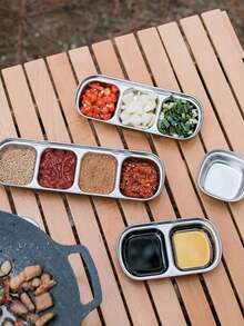 1pc Stainless Steel Hotpot Seasoning Dish, Barbecue Plate, 2/3 Compartment Sauce Dish, Korean Style Condiment Plate - Silver - View 2
