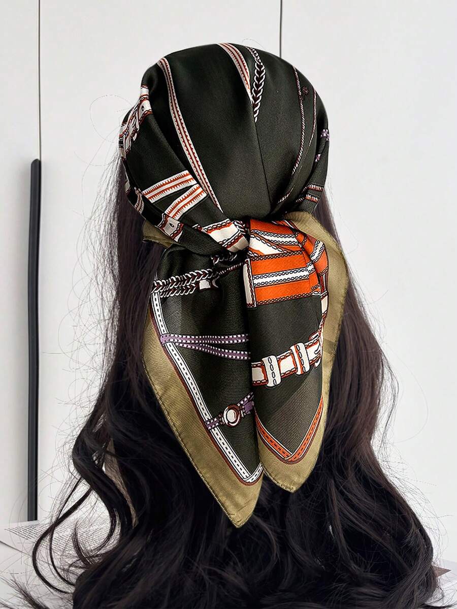 1 Stück Paisley-Muster Faux-Seide Herren Bandana, vielseitiger Halstuch, Stirnband, Dekoration - grünbraun - Übersicht 1