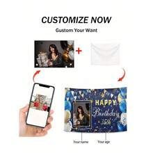 1pc Personalized Couples, Family, Friends Birthday Celebration Wall Tapestry, Men's Style With Photo, Blue, Gold, White Balloons, Ribbons And Text Decorations, Birthday Party/Living Room/Bedroom/Office Home Decor, Wall Hanging, Custom Tapestry, Custom Flags, Room Decor, Tapestry, Breathable,Lightweight,Washable,Cute,Love,Cozy,Soft,Comfortable,Simple,Custom,Personalized,Unique,Him,Her,Boyfriend,Girlfriend,Dad,Mom,Family,Friends - 彩色 - 查看 5