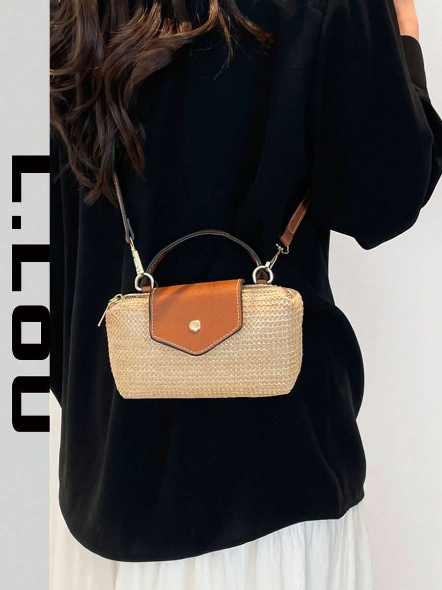 春夏新款女士迷你新月草编包，度假沙滩包，简约单肩包，磁扣饺子包，休闲可爱时尚手提包