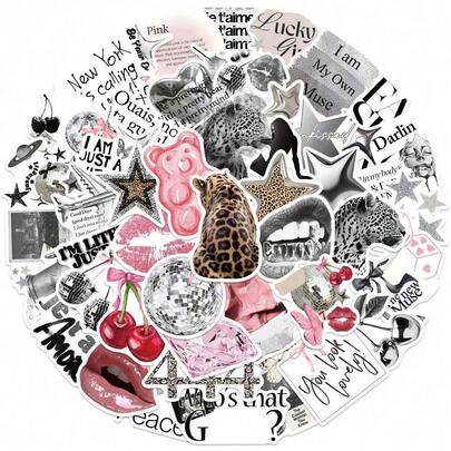 50pcs Y2K Aesthetic Stickers, Including Urban Girl Stickers, Y2K Style Black & White Stickers, Urban Stickers, Leopard Print Stickers, Art Stickers, Cartoon Stickers, Graffiti Stickers, Vinyl Stickers, Suitable For Water Bottles, Tumblers, Guitars, Luggage, Phones, Phone Cases, Laptops, Skateboards, Great Gift Item.