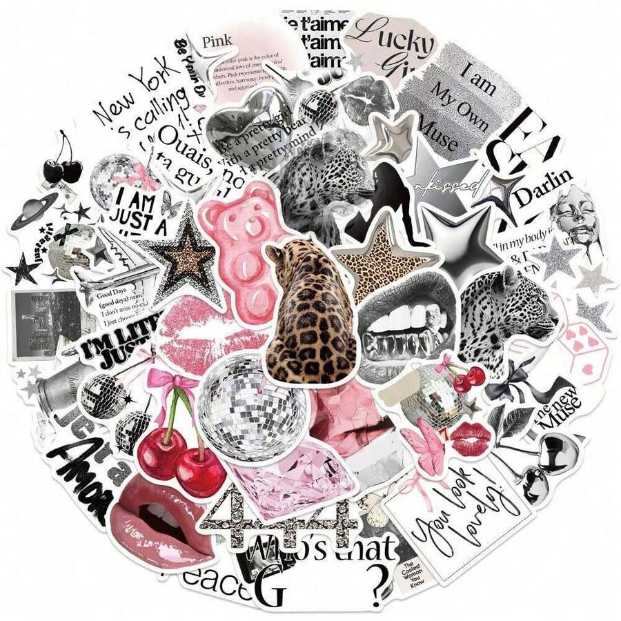 50pcs Y2K Aesthetic Stickers, Including Urban Girl Stickers, Y2K Style Black & White Stickers, Urban Stickers, Leopard Print Stickers, Art Stickers, Cartoon Stickers, Graffiti Stickers, Vinyl Stickers, Suitable For Water Bottles, Tumblers, Guitars, Luggage, Phones, Phone Cases, Laptops, Skateboards, Great Gift Item. - Multicolor a - View 1