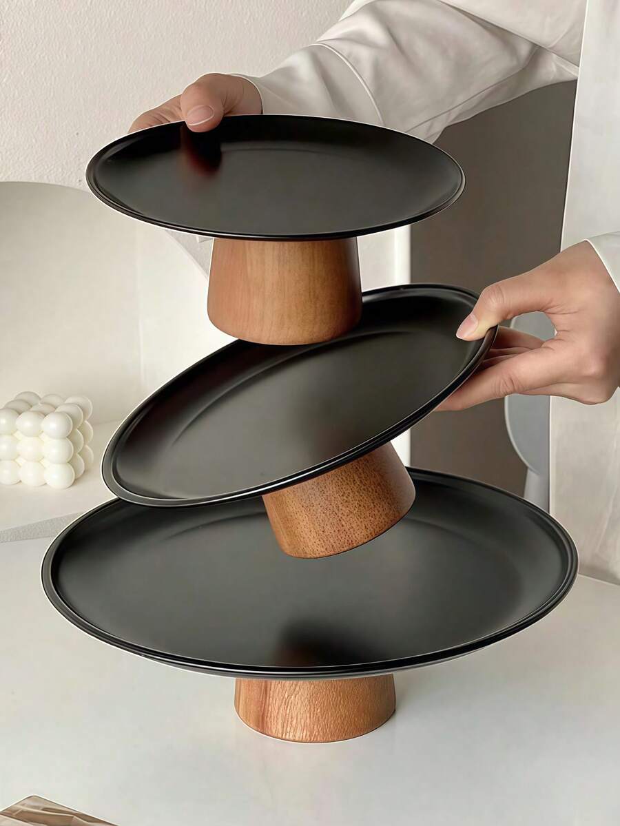 1 pièce Présentoir à gâteau en acier inoxydable avec base en bois, assiette de présentation de desserts, plateau multifonctionnel pour fruits, convient pour la décoration de table à manger, service à la maison et en cuisine, utilisation pendant le Ramadan