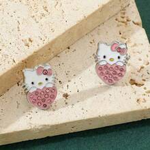 1pair Sanrio Hello Kitty Rhinestone Heart Stud Earrings, Cute Bow Detail Pink Crystal Earrings, Sweet Kawaii Statement Jewelry - Perfect Valentine's Day Women For & Sanrio Fans - Multicolor - View 3