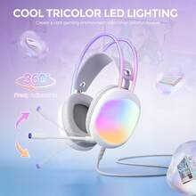 MARVO Over-Ear Gaming Headset - RGB Illuminated Earcups And Headband, Wired USB + 3.5mm Dual Plugs, 50mm Drivers, Dual Headband PU Ear Pads, External Microphone With Blue Light, Omnidirectional Microphone, Earcup Volume Control, Suitable For Gaming/Office/Study. - 白色 - 查看 3