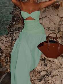 Sexy Casual Strapless Hollow-Out A-Line Vacation Dress, Spring/Summer Elegant - Mint Green - View 3