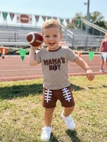 Toddler Baby Boy Summer Outfits Letter Baseball/Football /Rugby Embroidery Short Sleeve T Shirt And Plaid Shorts 2 Pcs Set, Toddler Baby Boy Football Clothing Set, - 卡其色 - 查看 5
