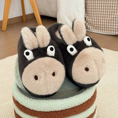可爱驴子卡通毛绒拖鞋，厚底室内/室外保暖内里趣味卧室拖鞋，男女通用冬季情侣保暖拖鞋