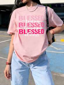 女士新款简约可爱图案休闲度假风宽松百搭圆领短袖T恤，时尚日常上衣，适合日常度假穿着。女士新款夏季假日款，印有“祝福明天，祝福所有人”字样，夏季休闲风。适合情人节、开学季、教师节等节日穿着。字母印花短袖T恤，柔软宽松舒适，高端街头风宽松休闲百搭短袖上衣，粉色 - 粉色 - 查看 7