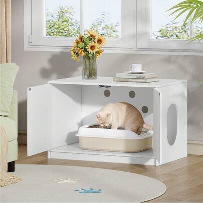 HEXCELEN Cat Litter Box Enclosure, Hidden Litter Box Furniture With Push-To-Open Doors & Ventilation Holes, Wooden Cat House, Minimalist, Living Room, Bedroom,White