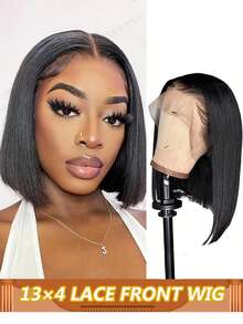 13*4 透明蕾丝前假发，预先拔毛的波波头直发短款真人发假发，适合女性，150% 密度 - Natural Black - 查看 1