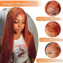 34英寸13x4直发蕾丝前假发，混合真人发，200%密度，高清透明蕾丝前真人发假发，女士无胶假发，预先拔毛真人发，#姜黄色350色 - S350 - 查看 4