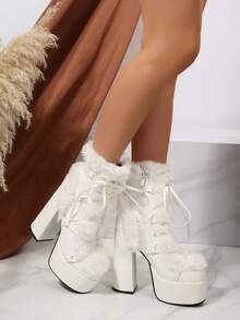 FVPFVP Millennium Culture Snow Boots, PU Leather & Fur Lace-Up Chunky Heel Mid-Calf Boots, Gothic Thick Sole Tall Boots, Similar To Kendall Style - White - View 4