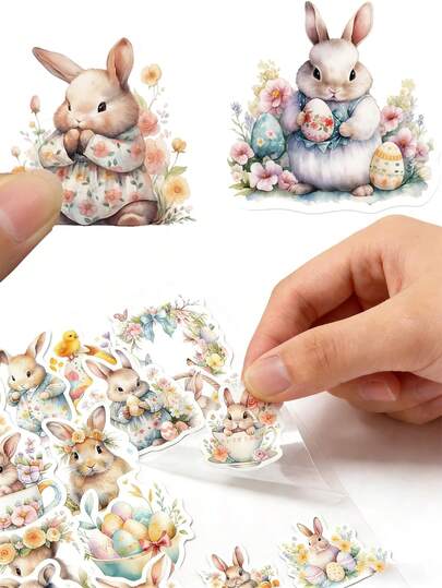100张复活节彩蛋兔子贴纸，复活节装饰贴纸，适用于剪贴簿、笔记本、笔记本电脑、水瓶、复活节派对装饰，可爱兔子和彩蛋贴纸，水彩复活节兔子贴纸