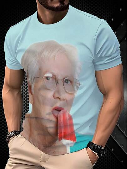 个性化白色T恤，奶奶吃冰淇淋趣味3D印花，吸睛创意休闲短袖男士T恤