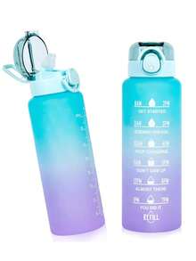 1个渐变标语图案水瓶，现代塑料运动水瓶，适合室内外使用，返校用品 - 青碧色 - 查看 2