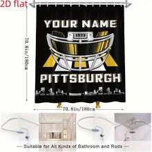 Shower Curtain-70.8 Inches On Each Side, 1pc "YOUR NAME PITTSBURGH" Printed Shower Curtain With Hooks, "American Football Helmet" Design, 71x71 Inches, All-Season Use, Christmas Decoration, Polyester, Valentine's Day Decoration, Bathroom Accesssories - 71x71吋/180x180厘米 - 查看 3