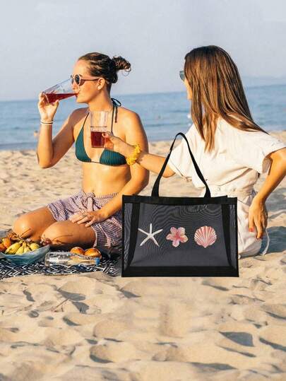 半件套透气沙滩网眼手提包，网眼化妆包，沙滩度假拼接设计，海洋星光珍珠字母印花，大容量可折叠女士单肩手提包，适合沙滩野餐度假，防水多用途，适合青少年学生、上班族、旅行购物，母亲节礼物