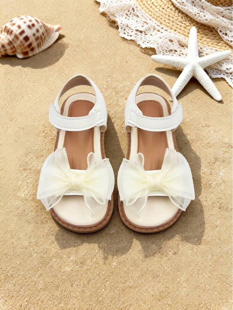 1 Pair Girls' Shoes With Mesh Bow Design, Breathable Lining, Ankle Strap, Open Toe, Flat Sole. Elegant And Cute, Suitable For Casual Daily Wear - Beige - View 1