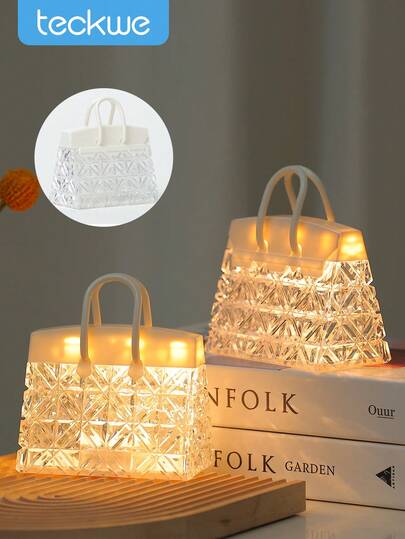Teckwe Nattlampa i kristallformad stil för handväska, romantisk lampa med varmt ljus, mini-kristalldiamantformad skrivbordslampa för kafé, heminredning, sovrumsinredning, alla hjärtans dag-födelsedagspresenter, unik handväsksformad stämningslampa för kvinnor och flickvännar (bärbar och presentklar)