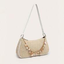 1pc Women's Vintage Resort Ocean Creature Faux Pearl Cherry Faux Fur Tail Woven Crossbody Bag, Suitable For Dates, Outings, Vacations - 杏色 - 查看 2