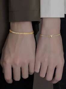 2pcs/Set Couple Heart Charm Bracelet, Exquisite Cuban Chain Hand Jewelry, Fashion Daily Accessory, Best Gift Choice - Couple Bracelets - View 5