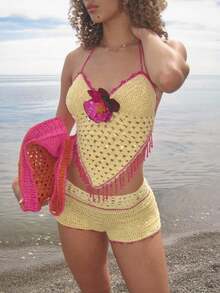 A Must-Have For Beach Vacation Color-Contrast Crocheted Neck-Hanging Set With Fringe, Glittery Flower Top, Pure Desire Style, Spicy Girl's Outfit - 黃色 - 查看 2