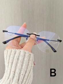 1 pieza Gafas sin montura y redondas para mujer, sin prescripción, con cadena decorativa, adecuadas para oficina, estudiantes, viajes, uso casual, vacaciones, gran regalo para novia, Día de San Valentín - Multicolor - Ver 11