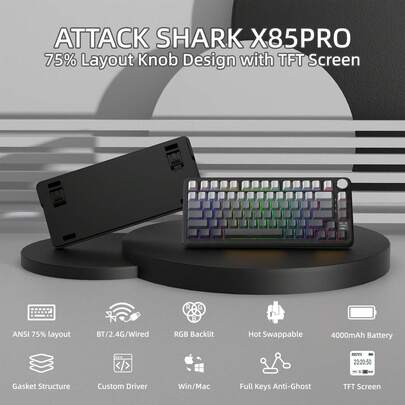 ATTACK SHARK X85PRO Wireless Mechanical Keyboard, With  Display And Knob, 75% QMK Gasket-Mounted Gaming Keyboard, 2.4G/Bluetooth/USB-C Wired Connection, Hot-Swappable Linear Switches, 4000mAh Battery, Anti-Ghosting, RGB Backlit