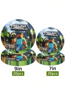 40/80件套我的世界主题派对用品，7英寸和9英寸一次性纸盘套装，适用于节日、万圣节、家庭聚会、婚礼和生日派对 - 彩色 - 查看 13