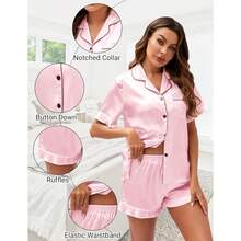 Silk Pajamas, Short Sleeve Button-Down Satin Pajama Set, Ruffle Design - Hitam - View 3