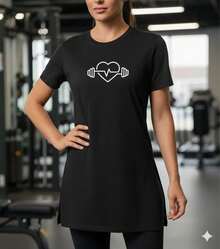 Women's Long Line Top With Butt Coverage, Fitness, Workout, Gym, Heart Print - 黑色 - 查看 2