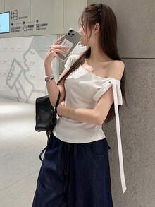 Tie hombro inclinado camiseta de manga corta verano nuevo Slim temperamento corto estudiante tops mujer blusas casuales para dama - Blanco - Ver 1