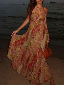 女士长袖吊带中长连衣裙，优雅波西米亚复古风，系带前襟，梭织面料 - 彩色 - 查看 2